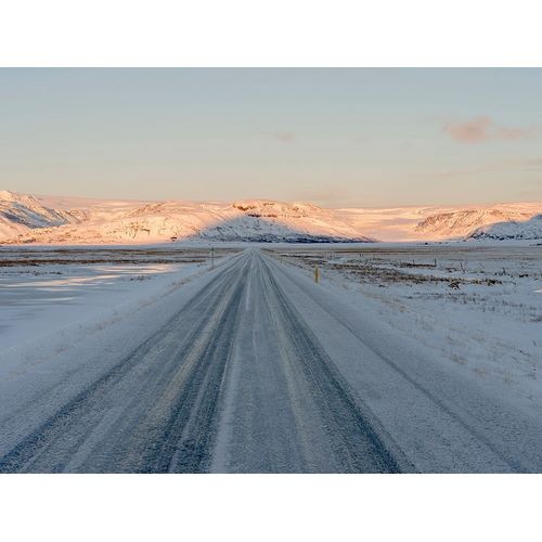 Landscape with country road near Hoffell during winter in Hornafjoerdur area